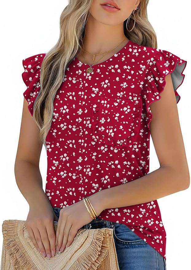 JUSTFASHIONNOW Womens Summer Tops Striped T-Shirts 2026 Ruffle Short Sleeve Crew Neck Casual Blouses with Pocket