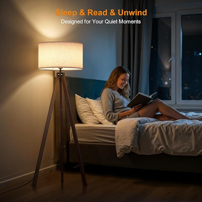 LEPOWER Tripod Floor Lamp Mid Century Modern Standing Lamps for Living Room | Light-Diffusing Linen Shade, Premium Rubberwood Tripod with E26 Base, Adding Warmth to Bedroom, Office & Study Corner Walnut