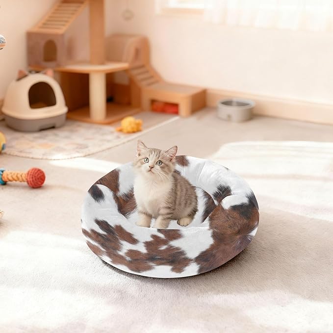 Round Cat Bed Dog Bed,15.7in Cow Print Washable Non-Slip Bottom Soft Pet Bed for Small Medium Dogs and Cats