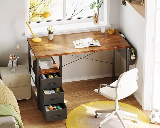 AODK 40 Inch Small Computer Desk with Fabric Drawers, Vintage | Mini Desk with Storage Shelf & Bag, Kids Study Desk for Bedroom, Home Office Desk for Small Space