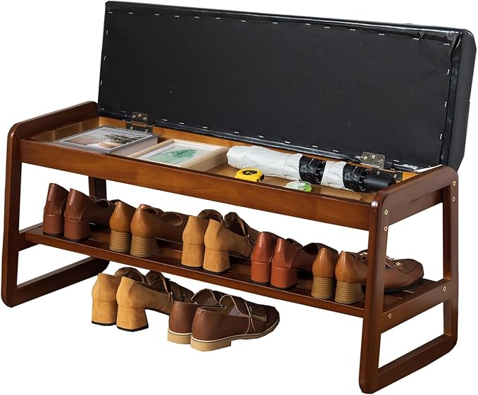 latifolia Solid Wood Bench, Entryway Shoe Bench with Cushion, Flip-Open Storage Compartment, 2-Tier Shoe Organizer(Black,39.70''L)