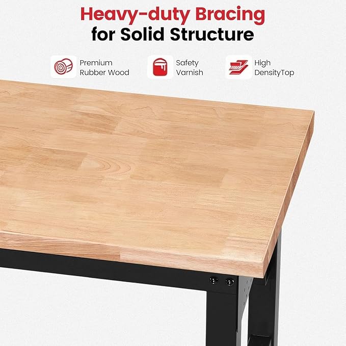 ENJOYWOOD 60" x 22" Heavy Duty Workbench with Wheels, Adjustable Height Garage Work Table with Solid Rubberwood Top, Double Layer Shelf, Sided Pegboard & Power Outlets for Home & Workshop