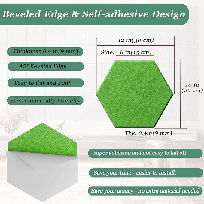 Hexagonal Acoustic Panels-12 Pack High-Density Sound Absorbing Panels 12"X10"X0.4" for Enhanced Noise Reduction, DIY Design, Idea for Studios, Offices, and Home Theaters(Lush Green)