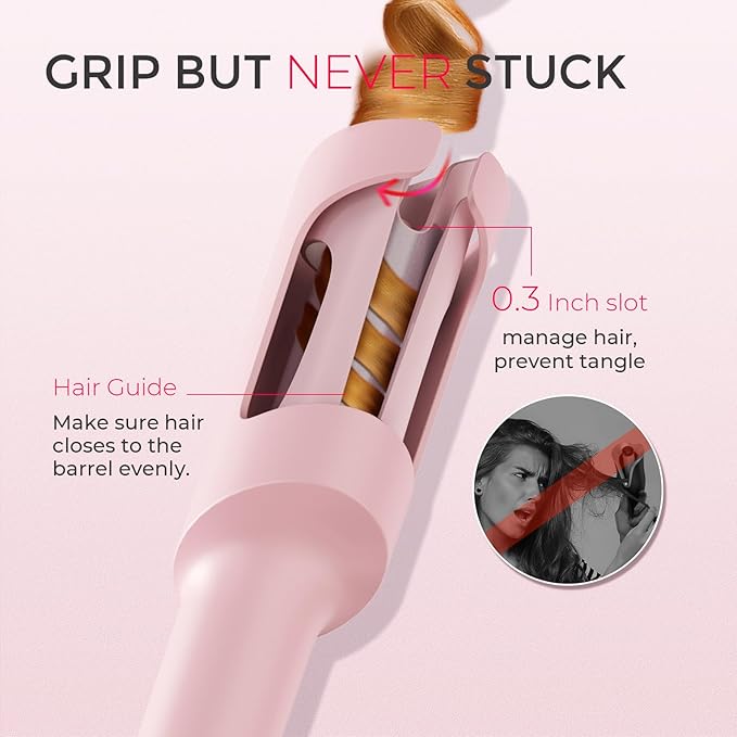 TYMO Automatic Rotating Curling Iron - TYMO CURLPRO Beach Waves Curling Wand, Portable Hair Curler, 500 Million Ionic, Dual Voltage & Lightweight for Travel, Ceramic Coating, 1 1/4 Inch, Pink