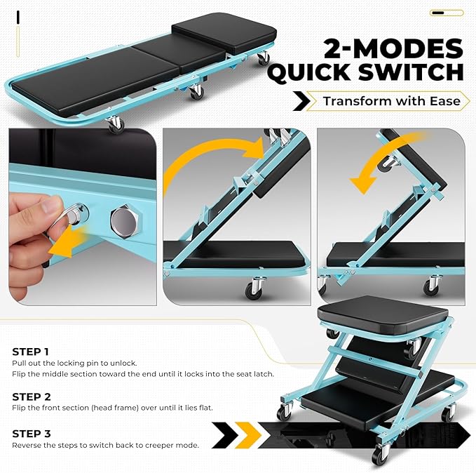 Auto Dynasty 40" Z-Creeper Seat, 2-in-1 Foldable Garage Creeper Shop Seat, 330 LBS Capacity Automotive Mechanic Repair Under Car Rolling Creeper Seat, Sky Blue