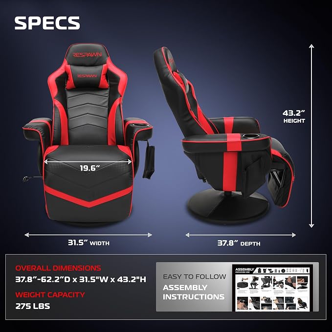 Respawn 900 Gaming Recliner Chair with Footrest, Cup Holder and Swivel | Ergonomic gaming recliner with footrest, cup holder, lumbar support, 135° recline & 360° swivel for console gaming