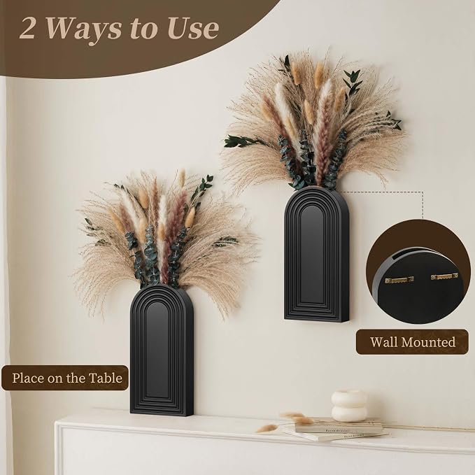 2 Pack Wooden Wall Vase Set with Pampas Grass Eucalyptus, Modern Farmhouse Boho Wall Decor for Living Room, Entryway, Hallway, Bathroom, Dining Room, Black Wall Art for Home Decoration