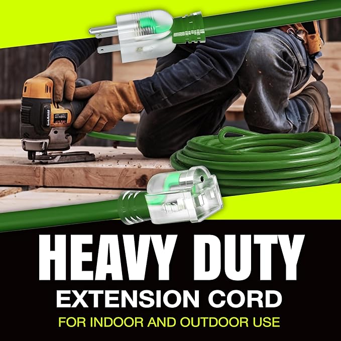 50ft Outdoor/Indoor Extension Cord 12/3 Gauge Extra Heavy Duty 3 Prong SJTW, Waterproof, Flexible Cold-Resistant Long Power Cord,15A 125V 1875W, Green by LifeSupplyUSA