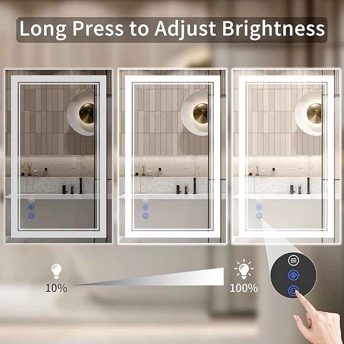 36"x40" LED Bathroom Mirror with Lights, Anti-Fog, Backlit + Front Lit, Dimmable, Led Vanity Mirror for Wall, Lighted Bathroom Mirror, 3 Colors, Shatter-Proof Tempered Glass