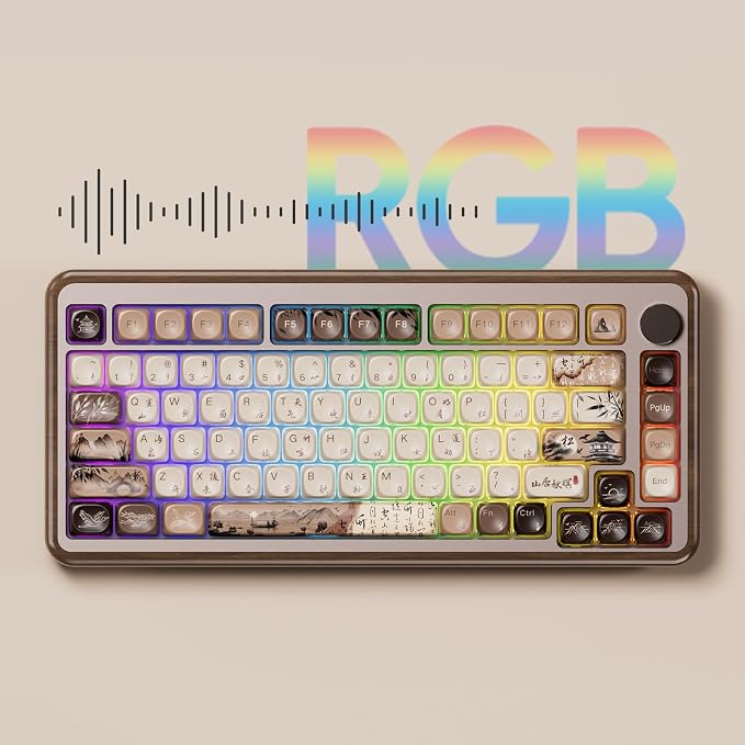 Akko MU02 Mechanical Keyboard with Walnut Wooden Case 75% RGB 2.4G Wireless/Bluetooth/Wired Hot-Swappable Gaming Keyboard with PBT Dye-Sub Keycaps for Mac & Win (Mountain Seclusion, Rosewood Switch)
