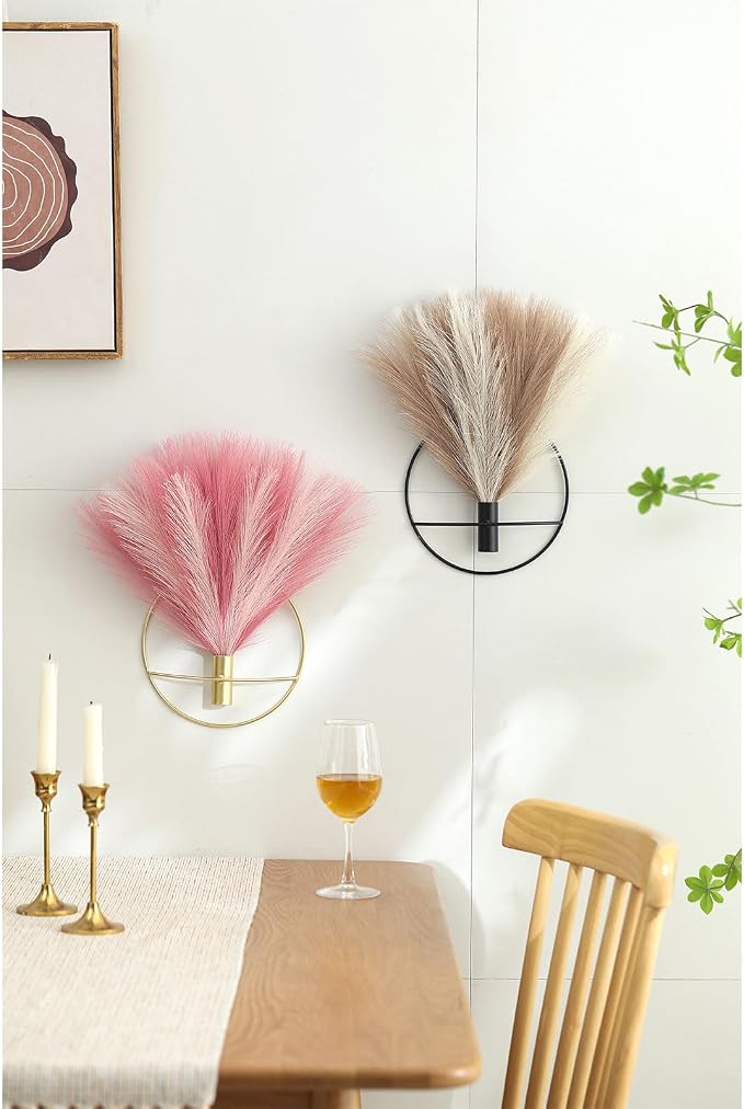 Pretty Jolly Boho Pampas Pink Wall Decor Gold Metal Art | Morden Artificial Greenery Display，2 Pack Gold Hanging Planter For Living Room, Bedroom, Bathroom, Dining room