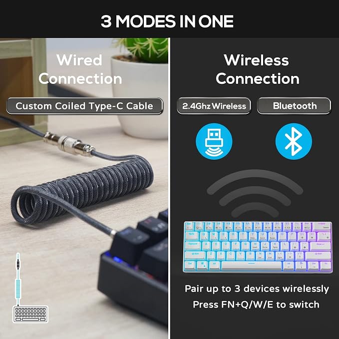 RK ROYAL KLUDGE RK61 Wireless Mechanical Keyboard, 60% Percent RGB, Black | Bluetooth/2.4GHz/Wired Hot Swappable PC Gaming Keyboard, 61 Keys Ultra-Compact for Win/Mac, Coiled Cable, Clicky Blue Switch