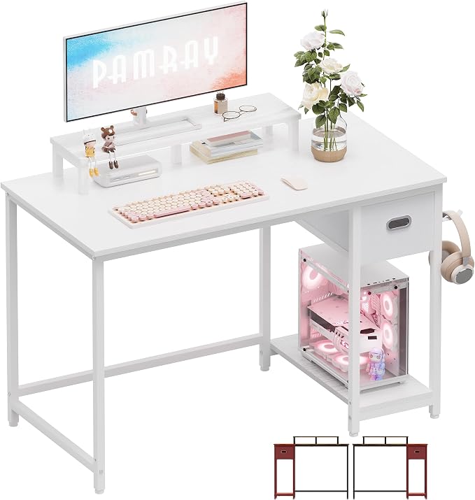 Pamray 39 Inch Small Computer Desk with Monitor Stand and Drawer for Gaming | Small Gaming Desk, for Bedroom Small Spaces, Home Office, Dorm and Apartment, for Writing, Study and Working