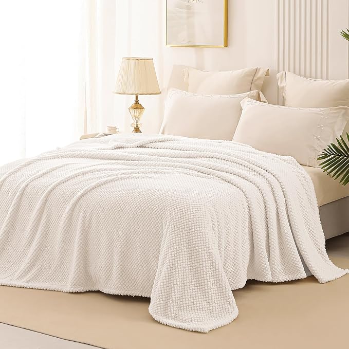 Whale Flotilla Soft Fleece Queen Size Bed Blanket, Ivory | 90x90 Inch, Suitable for Bed, Fluffy Fuzzy Jacquard Blankets for All Season, Lightweight and Cozy