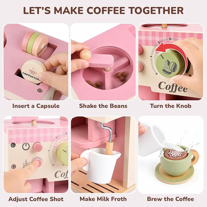 Dreamon Toy Coffee Maker Wooden Kitchen Accessories for Kids Pretend Play | Realistic Kids Coffee Playset with Moving Parts, Montessori Kitchen Toys for 3 4 5 Year Old Boys & Girls Birthday Gifts, Pink
