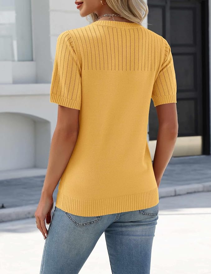 Zeagoo Women's Short Sleeve Sweater Tops 2026 Spring Summer Crew Neck Hollow Out Blouses Dressy Business Casual Outfits