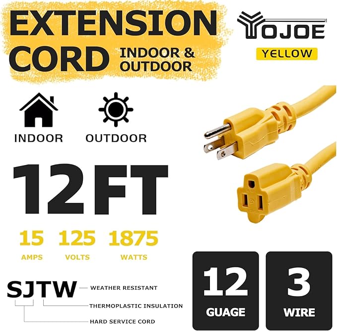 YOJOE Indoor Outdoor Extension Cord, 3 Prong 15A Weatherproof Power Cord, 12 Gauge Heavy Duty 12 ft Yellow Extension Cord for Garage, Garden and Home, 12/3 SJTW UL Listed