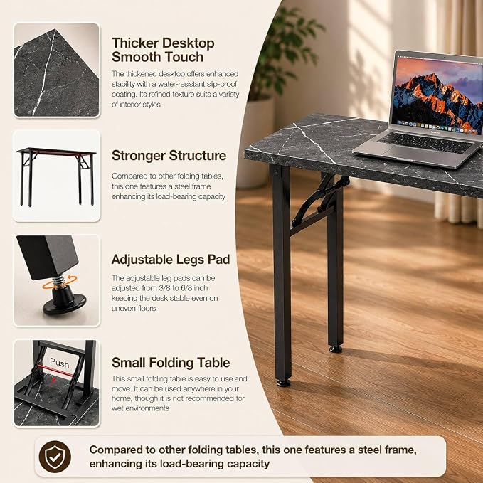 Folding Table Computer Desk - 55.1" No Assembly Folding Desk Design and Foldable Office Desk, Small Desk for Bedroom, Compact Storage Portable Use for Dorm and RV Small Space, Marble Greige
