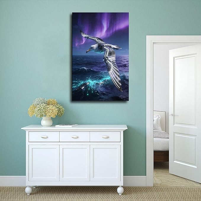 Framed Steampunk Mechanical Seagull Wall Art - Aurora Ocean Retro Poster for Bedroom Game Room Decor 08x12inch(20x30cm)