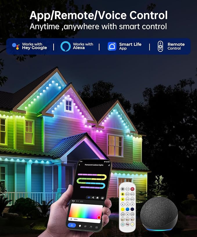 Smart Permanent Outdoor Lights, 150ft with 108 LED RGB String Lights, IP67 Waterproof Eaves Light with 44 Scene Modes for Halloween Christmas Birthday Holiday Party, APP/Voice/Remote Control