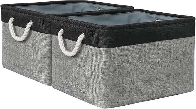 Organization and Storage Bins for Shelves - 17X15X12 inch 2 Pack Foldable Baskets for Organizing, Fabric Storage Cubes with Rope, Storage Box for Decorative Cloth (Black & Grey)