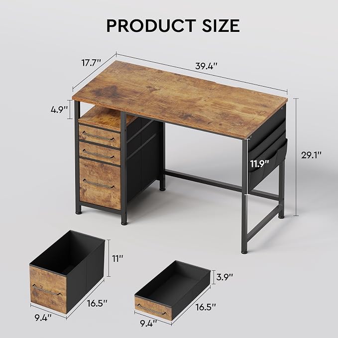 Maihail Small Desk with Drawers, Office Desk with Storage Shelves, Brown2 | 40 Inch Desktop, Metal Frame, 3 Fabric Drawers, Storage Shelves, Computer & Writing Desk, Office Gaming Workstation