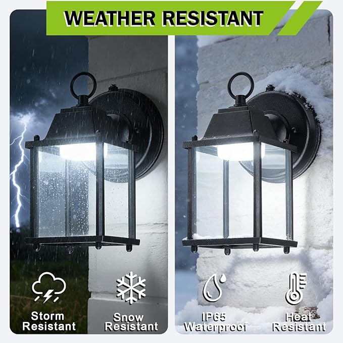 LIT-PaTH Small Outdoor LED Wall Lantern with Dusk to Dawn Photocell, 5000K Daylight White, 9.5W, 800 Lumen, Aluminum Housing Plus Glass, Outdoor Rated, 1-Pack, Black