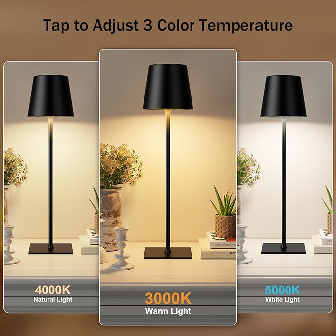 Kakanuo Black Cordless Rechargeable Table Lamp, 2 Pack Portable Desk Lamp with 5000mAh Battery, Touch Control Stepless Dimming, Wireless Night Light for Dining, Outdoor Camping, Coffee Shop