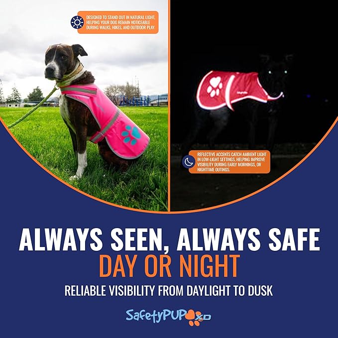 Dog Reflective Vest – Hi-Vis Fluorescent Visibility That Helps to Safeguard Your Pet On/Off Leash in Urban & Rural Areas (Pink, Large)
