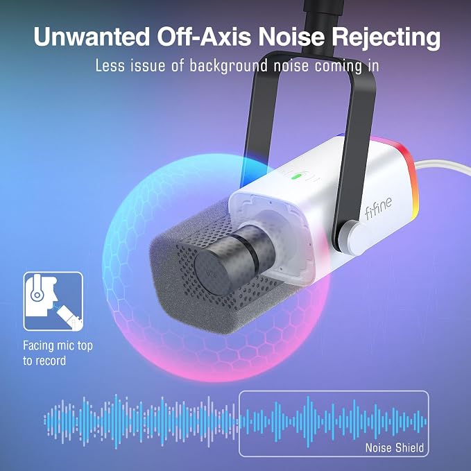 FIFINE AmpliGame AM8TW Gaming XLR/USB Microphone Kit Streaming Dynamic Mic | Computer Mic with Controllable RGB, Headphones Jack, Gain Knob, Arm Stand, for Vocal Podcast Recording Voiceover, White