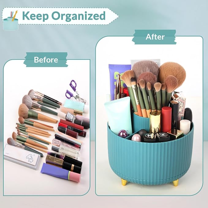 SKYDUE Makeup Organizer, Rotating Pencil Pen Holder for Desk, Dual-Purpose Desktop Organizer for Cosmetics & Pens, Makeup Brush Holder with 5 Slots, Pencil Cup for Office, Home