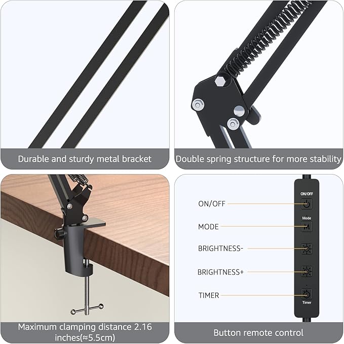 Upgrade Swing Arm LED Desk Lamp with Clamp, 80 LED Beads, 5 Color Modes & 11 Brightness Levels, 360° Adjustable Arm, Eye-Caring Light CRI95, Timer & Memory Function, for Office, Study, Crafting