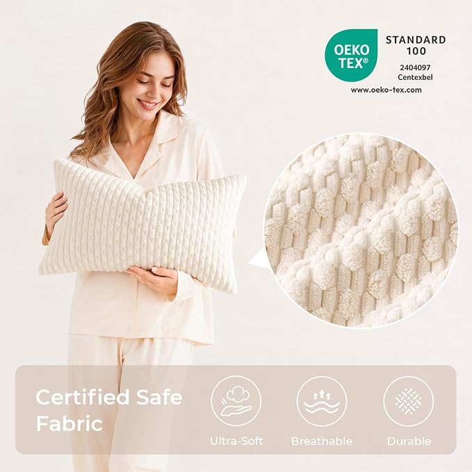 Kevin Textile Soft Corduroy 14"x20" Lumbar Pillow Cover 1 Pack, Cream White | Boho Stripe Plush Corduroy Decorative Oblong Cushion Cover Modern Farmhouse Home Decor for Sofa Couch Bed Chair