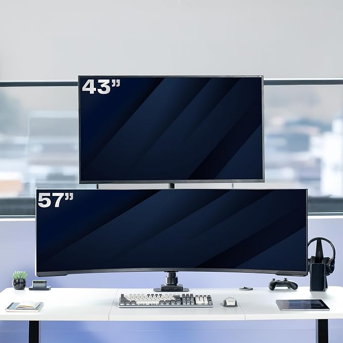 VIVO Dual Vertically Stacked Ultra-Wide Monitor Desk Mount for up to 57 inch Screens, Heavy Duty Adjustable Stand for 2 Ultrawides, 59.4 lbs Capacity, Black, STAND-V257R
