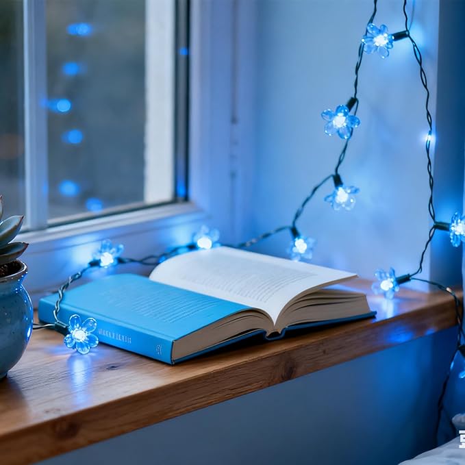 Cute Blue Cherry Blossom Flower Fairy String Lights Indoor Bedroom Decor, 10ft 30 LED Battery & USB Operated Lighted Up Floral lamp for Birthday Wedding Home Valentine Party Decorations (Blue)