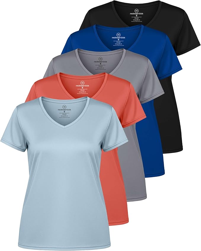 5 Pack Women's Dry Fit V Neck Workout Tops T Shirts Athletic Gym Yoga Tees | Available In Plus Size, Cooling Moisture-Wicking, Short Sleeve, Quick-Dry, Fitness, Stretch, Exercise, Running, Hiking