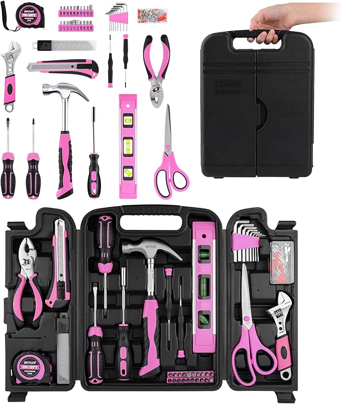 Pink Tool Set -131 Piece Pink Tool sets for WomenGeneral Household Hand Tool Kit with Plastic Tool Box Storage Case(Pink)