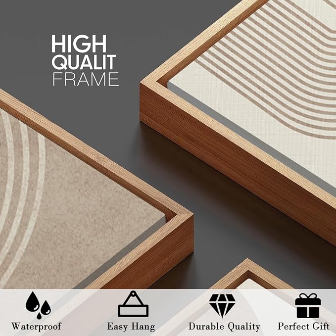 BINCUE Beige Neutral Canvas Wall Art Framed Geometric Abstract Wall Decor Mid Century Modern Artwork Wall Decor for Living Room Bedroom Office 16"x24" Set 3 Gift
