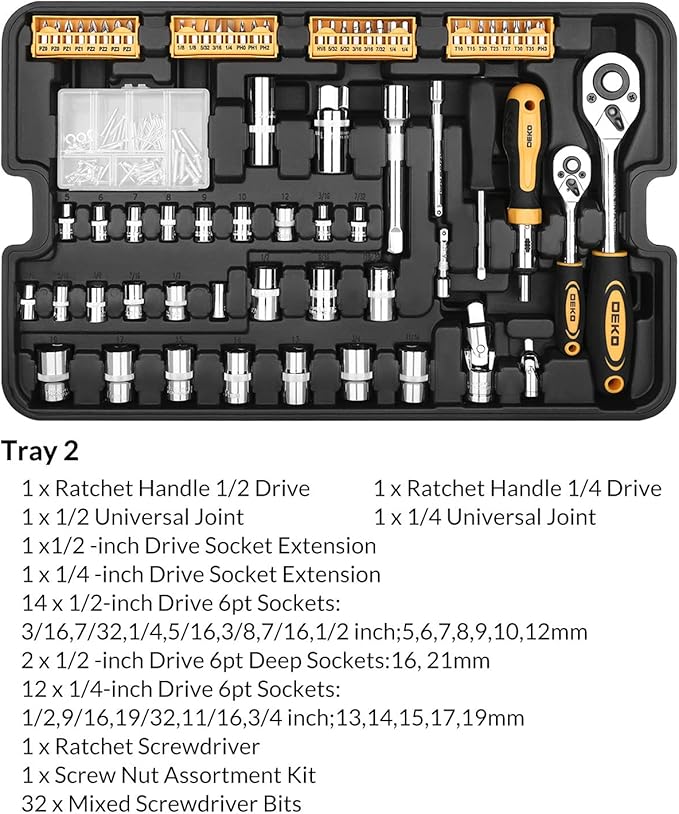 DEKOPRO 258 Piece Tool Kit with Rolling Tool Box Socket Wrench Hand Tool Set Mechanic Case Trolley Portable
