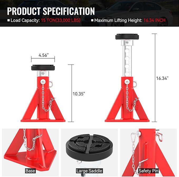 Jack Stands 15 Ton Capacity, Heavy Duty Vehicle Stabilizer Jacks with Safety Pins,2 Pcs Trailer Support Jack Stands for RV, SUV, Pickup Truck, Car, UTV, Adjustable from 10" to 16"