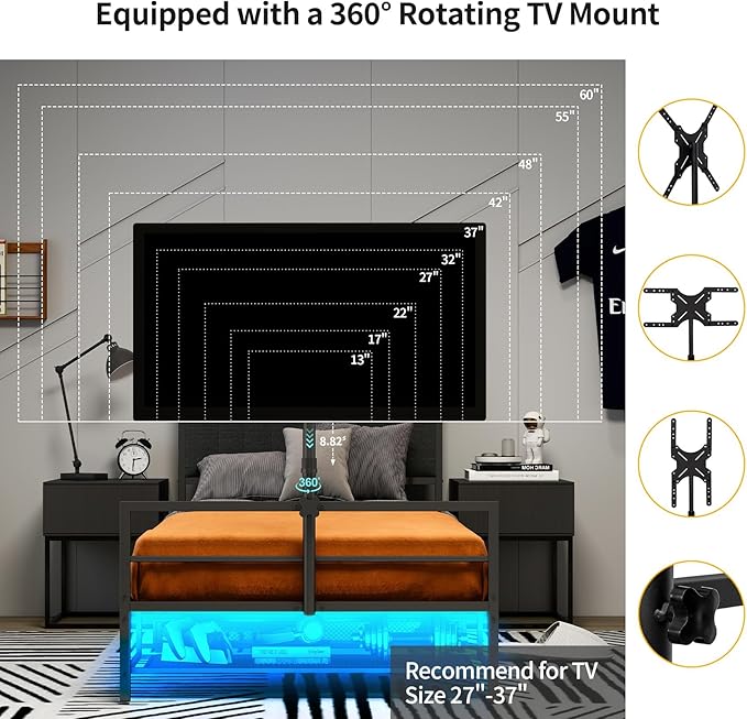 Twin Size Gaming Bed Frame With Storage Headboard,Black Metal Twin Bed Frame With LED Light Rotating TV Mount Charging Station,Stocking Stuffers for Teen Boys,College Dorm Room Essential,Heavy Duty