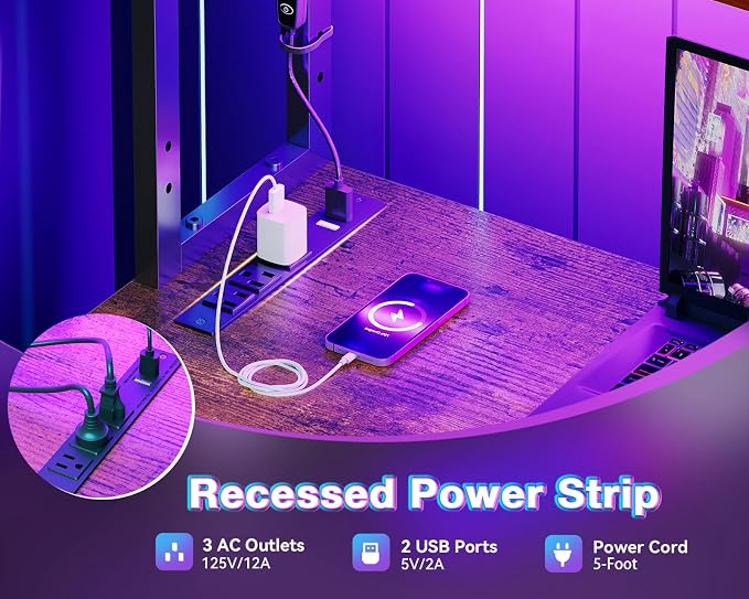 AODK L Shaped Desk Gaming Desk with LED Light & Power Outlet | 53 Inch Vintage Reversible L Shaped Computer Table with Shelf & Storage Bag & Hook for Home Office