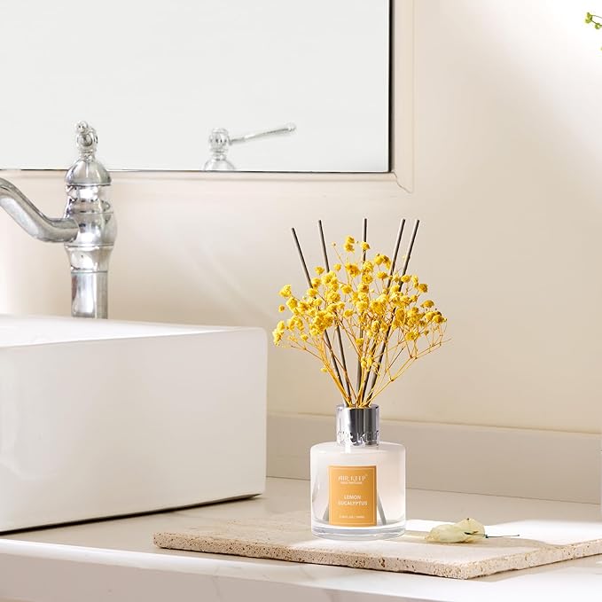Airkeep Reed Diffuser Set,3.38 fl oz (100 ml) - Lemon Eucalyptus Oil Diffusers with 8 Reed Sticks, Home Fragrance Reed Diffuser for Bathroom Shelf Decor