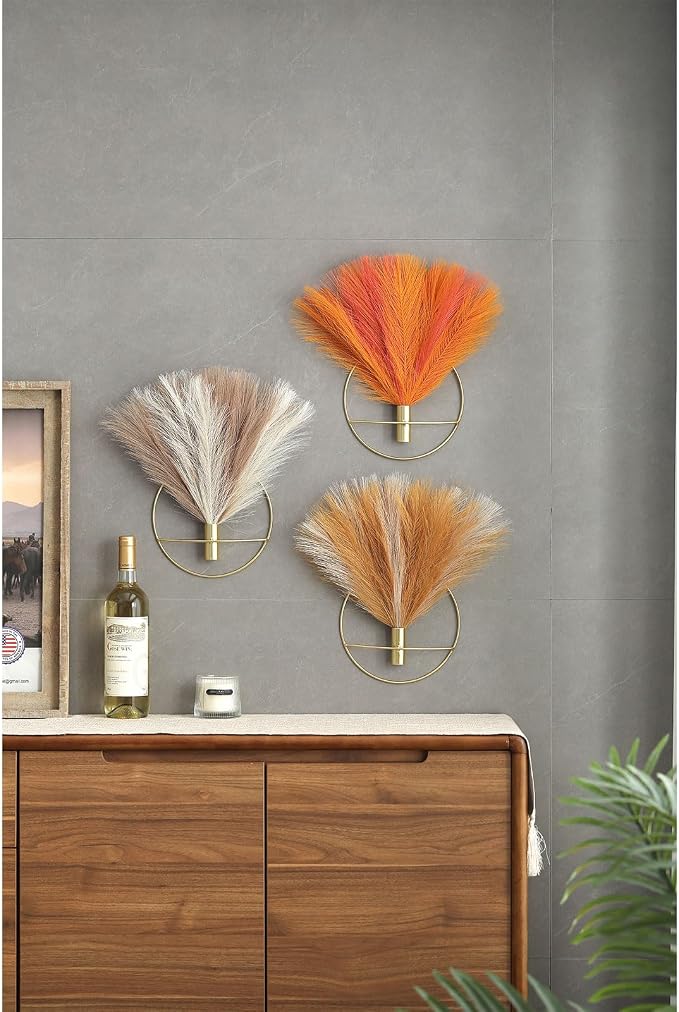 Pretty Jolly Boho Pampas Wall Decor Black Metal Wall-Mounted Art | Morden Artificial Greenery Display，2 Pack Hanging Planter For Living Room, Bedroom, Bathroom, Dining room