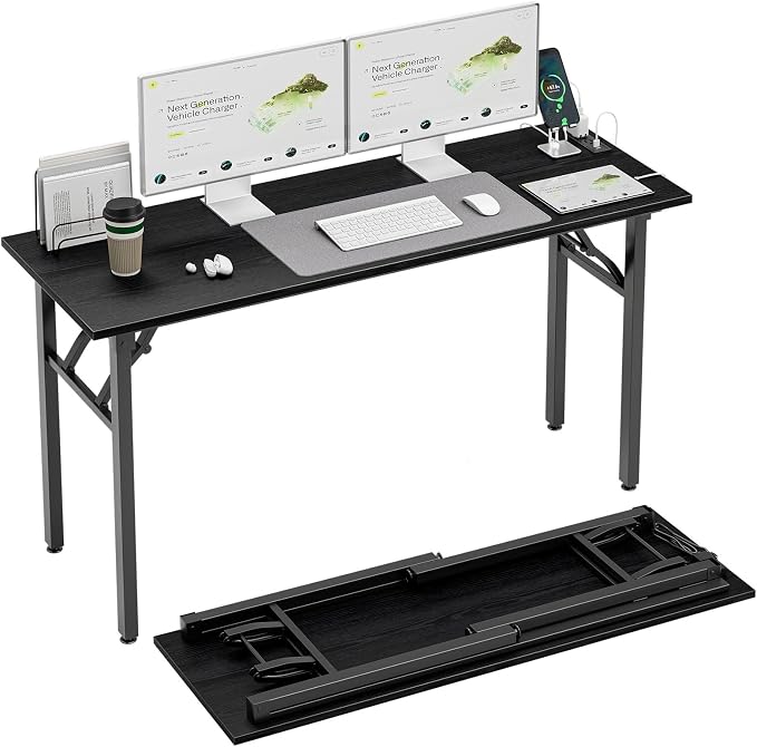 TEMI Long Computer Desk Folding Table - No Assembly, Compact 55.1" Foldable Desk with Power Outlets & USB Charging Port, Portable Lagre Office Desk, Study Table for Narrow Spaces, Dark Oak