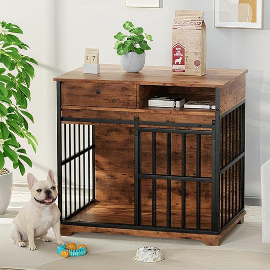 35.4" Dog Crate Furniture, Dog Kennel Indoor with Wheels for Medium Small Dogs, Wooden Dog Crate End Table with Drawer, Open Shelves and Sliding Door, Dog Kennel Furniture for Living Room, Bedroom