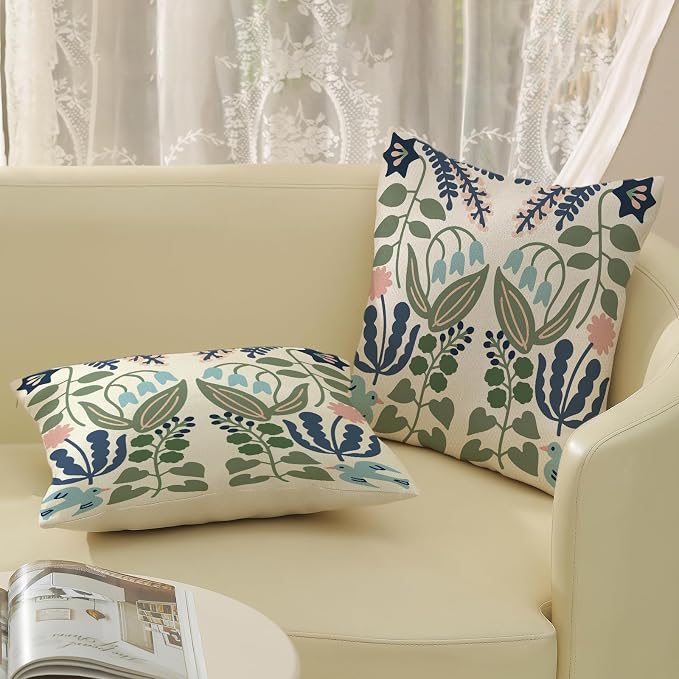 Boho Navy Blue Green Flower Pillow Covers 16x16 Inch Set of 2 Sage Green Floral Throw Pillows Vintage Flower Outdoor Pillowcase Linen Seasonal Decorations Farmhouse Cushion Case for Sofa Home