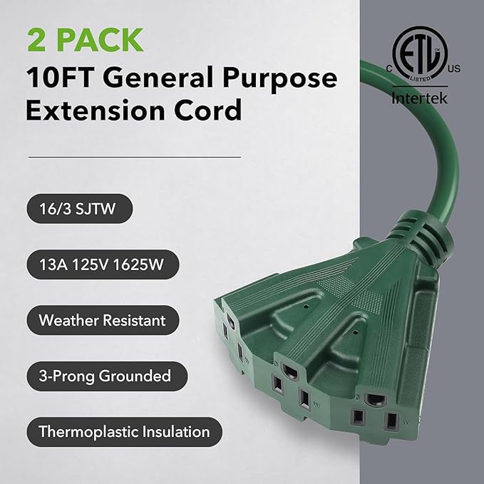 BN-LINK 2-Pack 10Ft Outdoor Extension Cord with 3 Outlets 16/3 SJTW Power Cord, 3-Prong Grounded Plug, for Landscaping & Holiday Decorations, ETL Listed