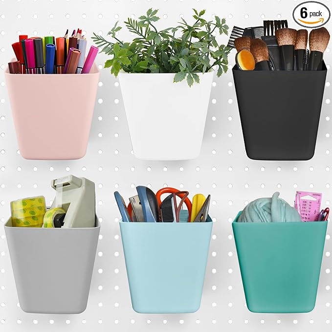 G.CORE Large Pegboard Cups Peg Board Storage Bin 6 Pack with Hooks, Square Box Shape Pegboard Cup Holder Accessories for Garage Workbench/Craft Room/Office/Playroom/Home Kitchen Organization (Mixed)