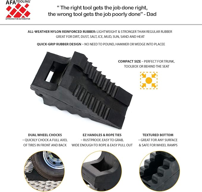 AFA Tooling - Set of 8 Wheel Chocks | Heavy Duty Rubber Wedge for Front and Back Tires | 4 Eyebolt, 4 Ergonomic Carry Handles | Chock Block for Your Camper, Trailer, RV, Truck, Car or ATV